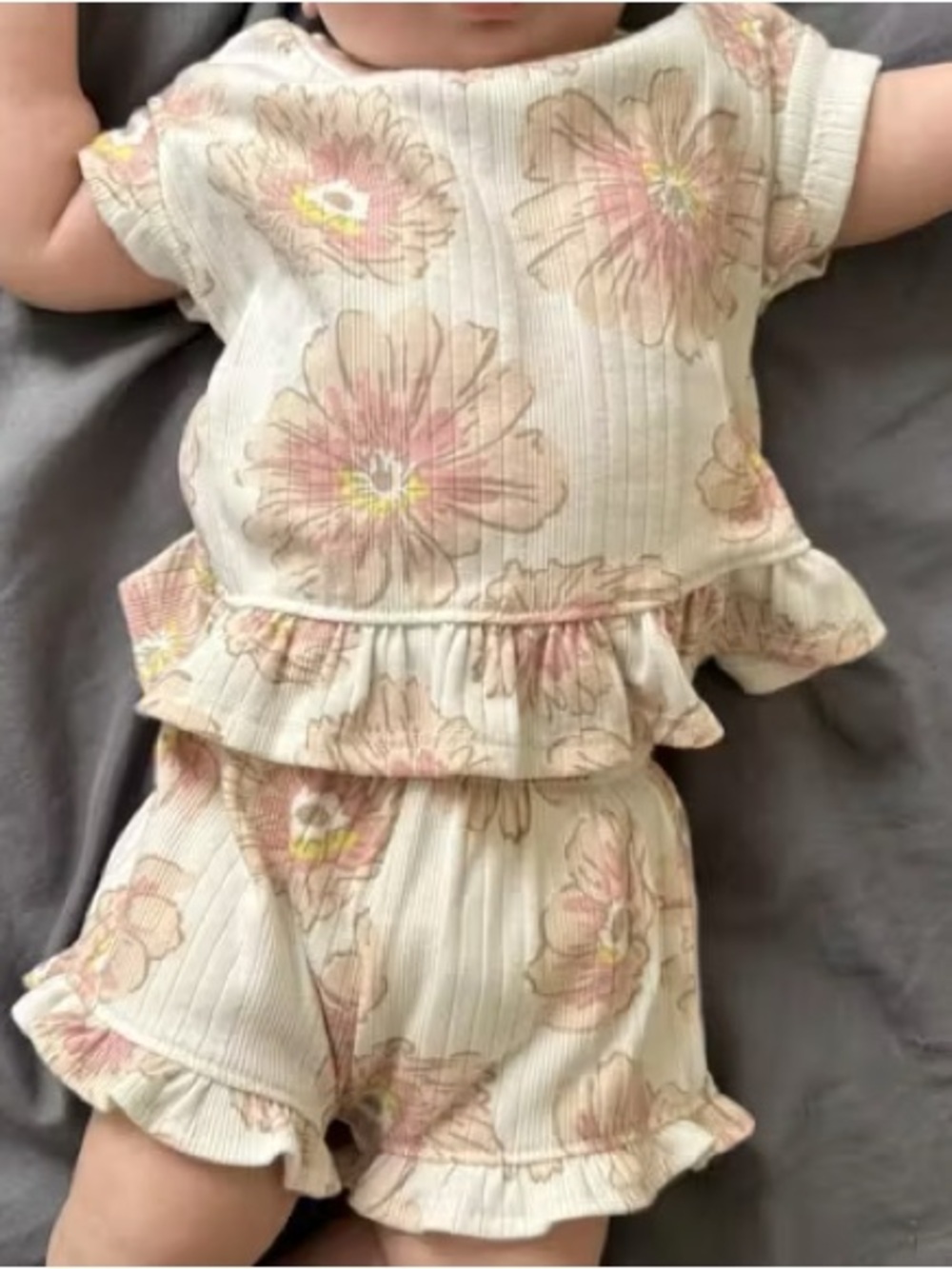 cloud island Cream Floral Ruffle Top & Shorts Set with Pink Accents